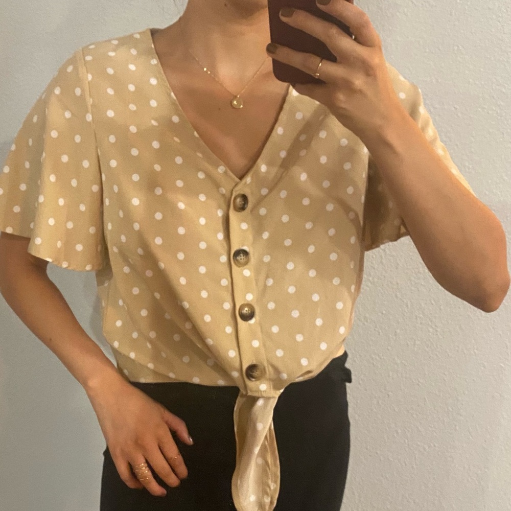 small Button Front Tie Hem Polka Dot Blouse short sleeve tan beige